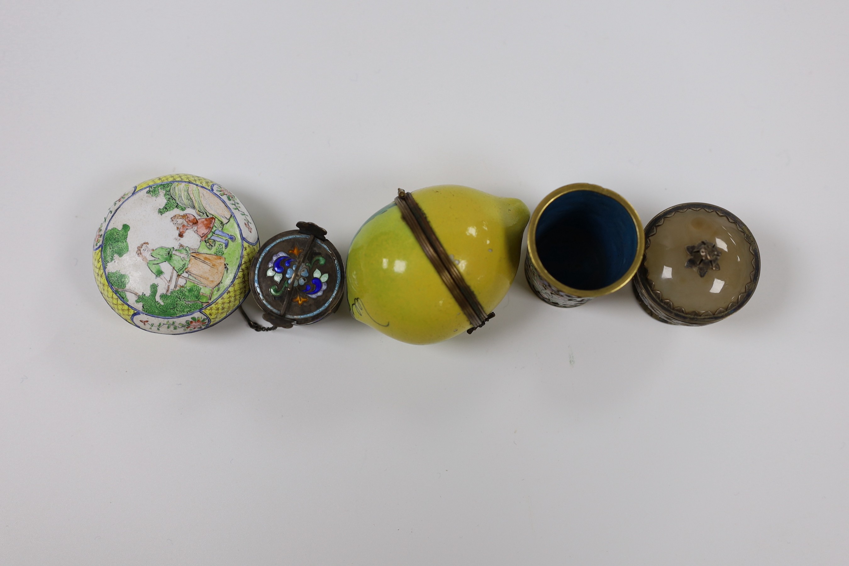 A cloisonne tumbler, a white metal mounted pot and cover, and three other items